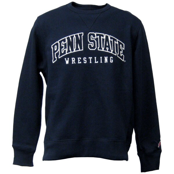 navy crew neck sweatshirt with sewn Penn State Wrestling